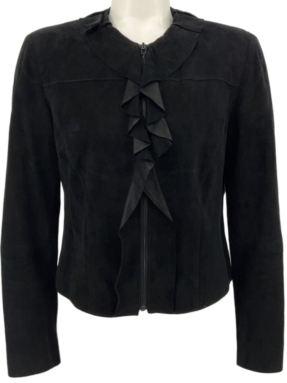 Elie Tahari Black Suede Ruffle Front Jacket